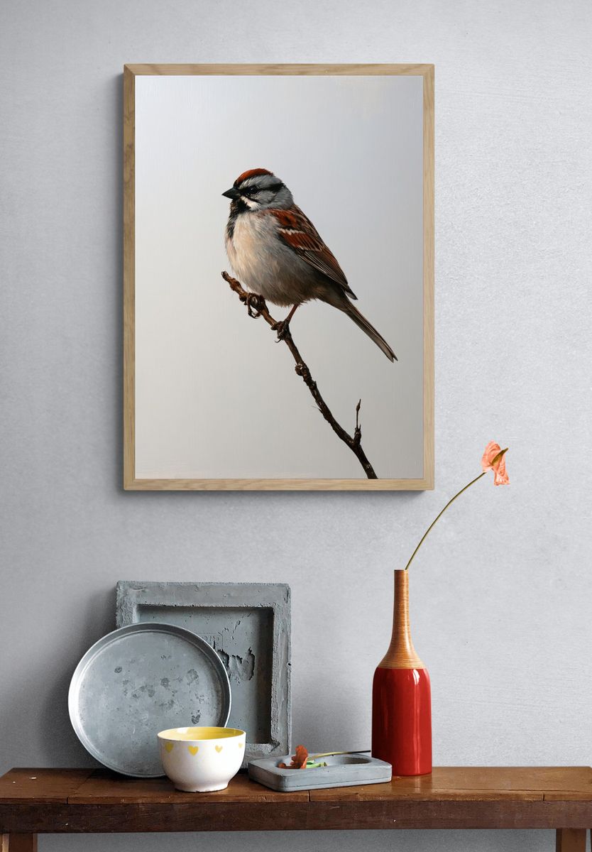 Sparrow on Branch Photography Poster. — room view 3