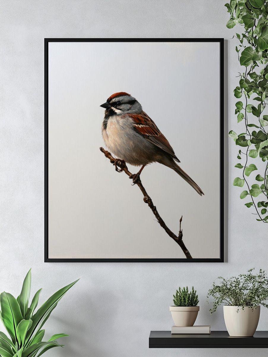 Sparrow on Branch Photography Poster. — room view 4