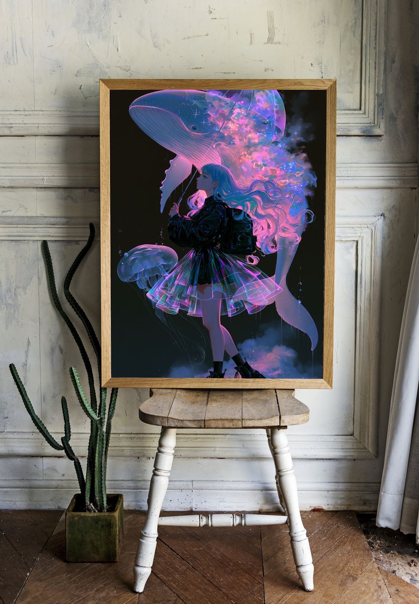 Dream Whale Girl Digital Art Poster. room preview