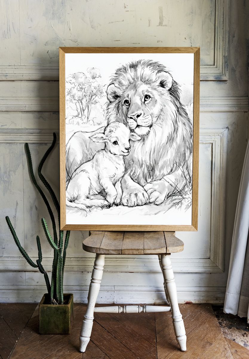 Lion and Lamb Sketch Poster. room preview