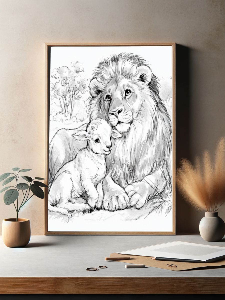 Lion and Lamb Sketch Poster. — room view 2