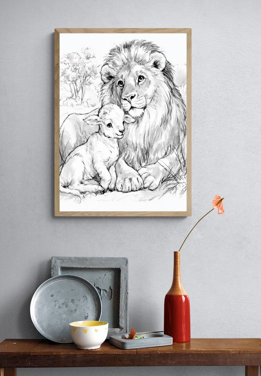 Lion and Lamb Sketch Poster. — room view 3