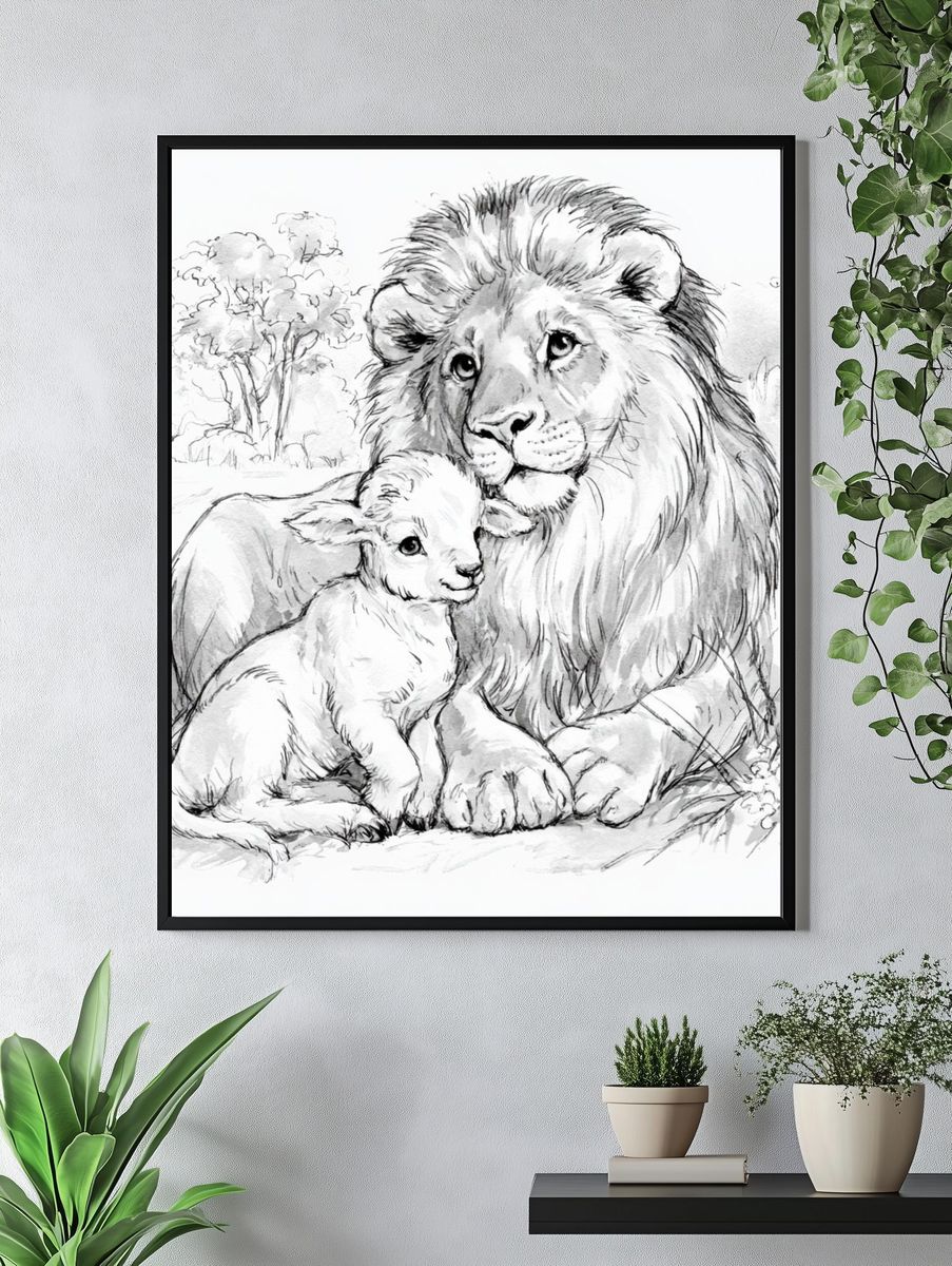 Lion and Lamb Sketch Poster. — room view 4