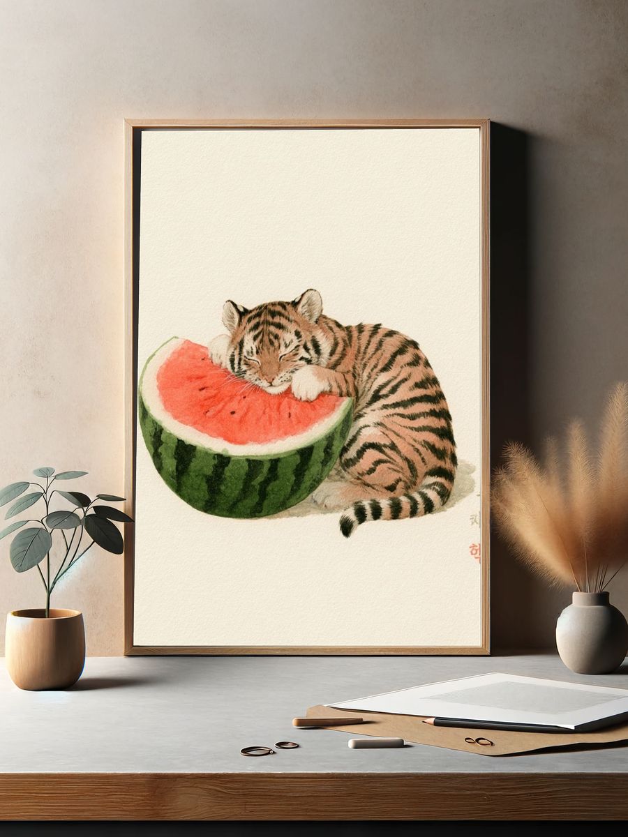 Sleeping Tiger Watercolor Print. — room view 2