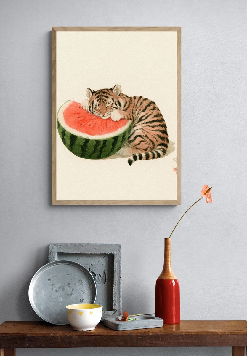 Sleeping Tiger Watercolor Print. — room view 3