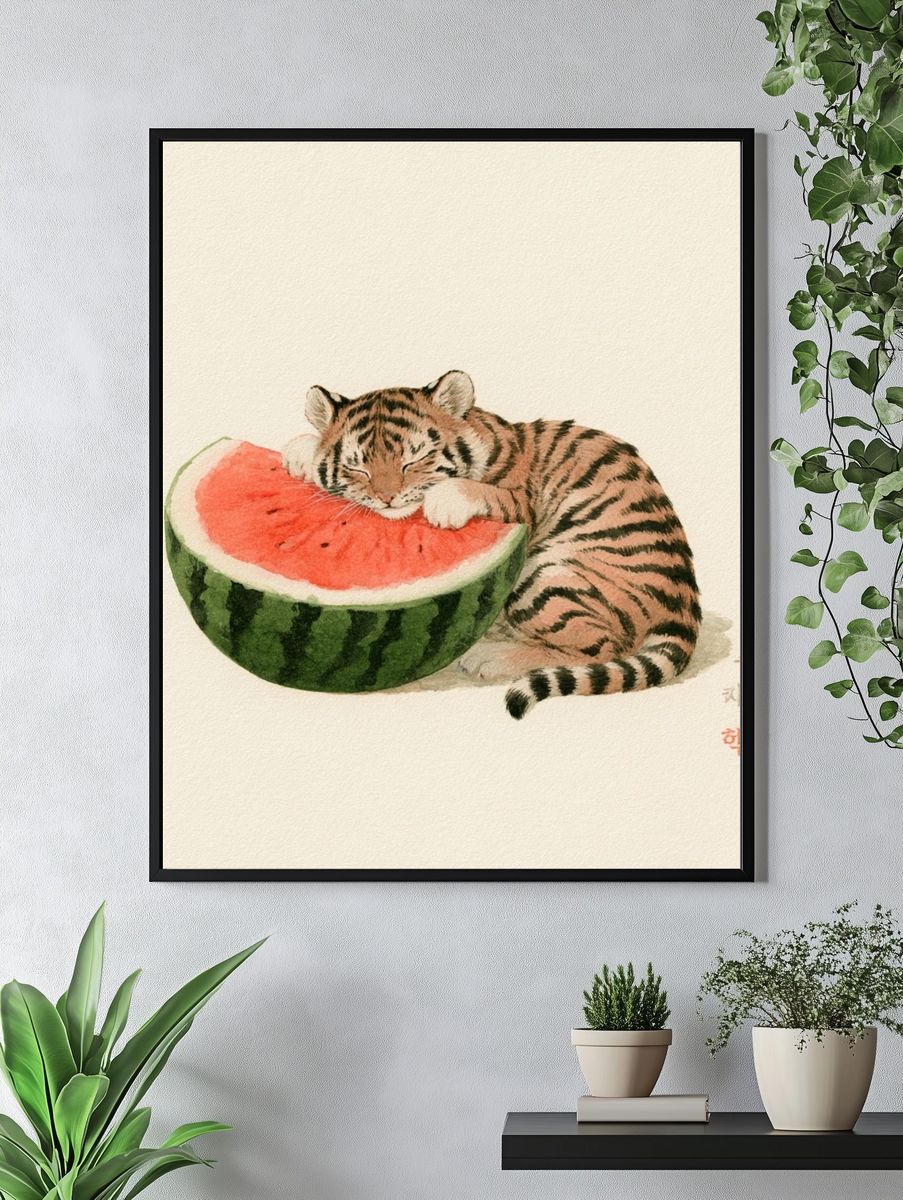 Sleeping Tiger Watercolor Print. — room view 4