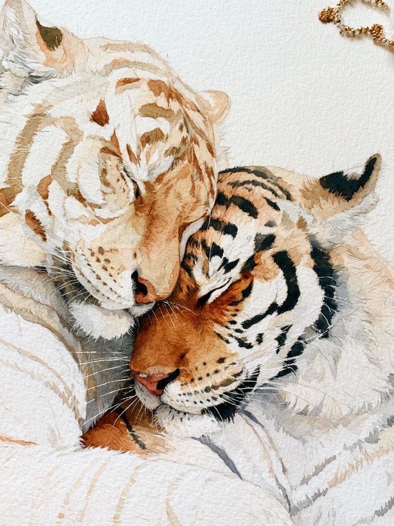Tiger and White Lion Watercolor Print. poster — animals art