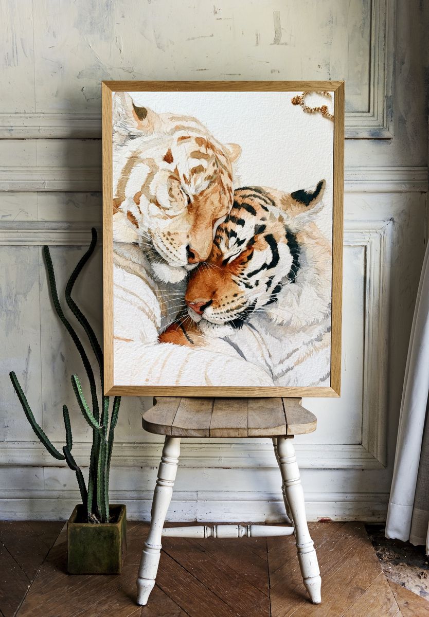 Tiger and White Lion Watercolor Print. — room view 1