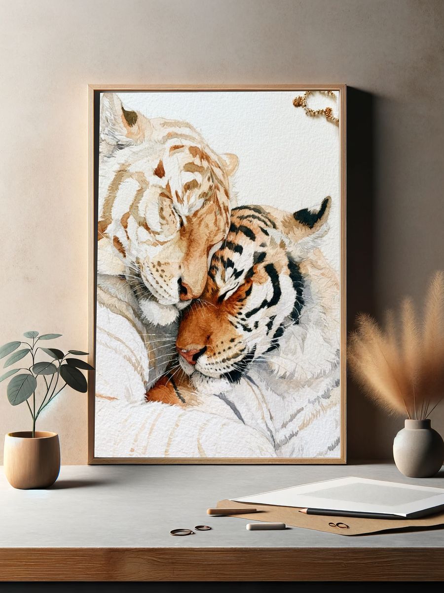 Tiger and White Lion Watercolor Print. — room view 2