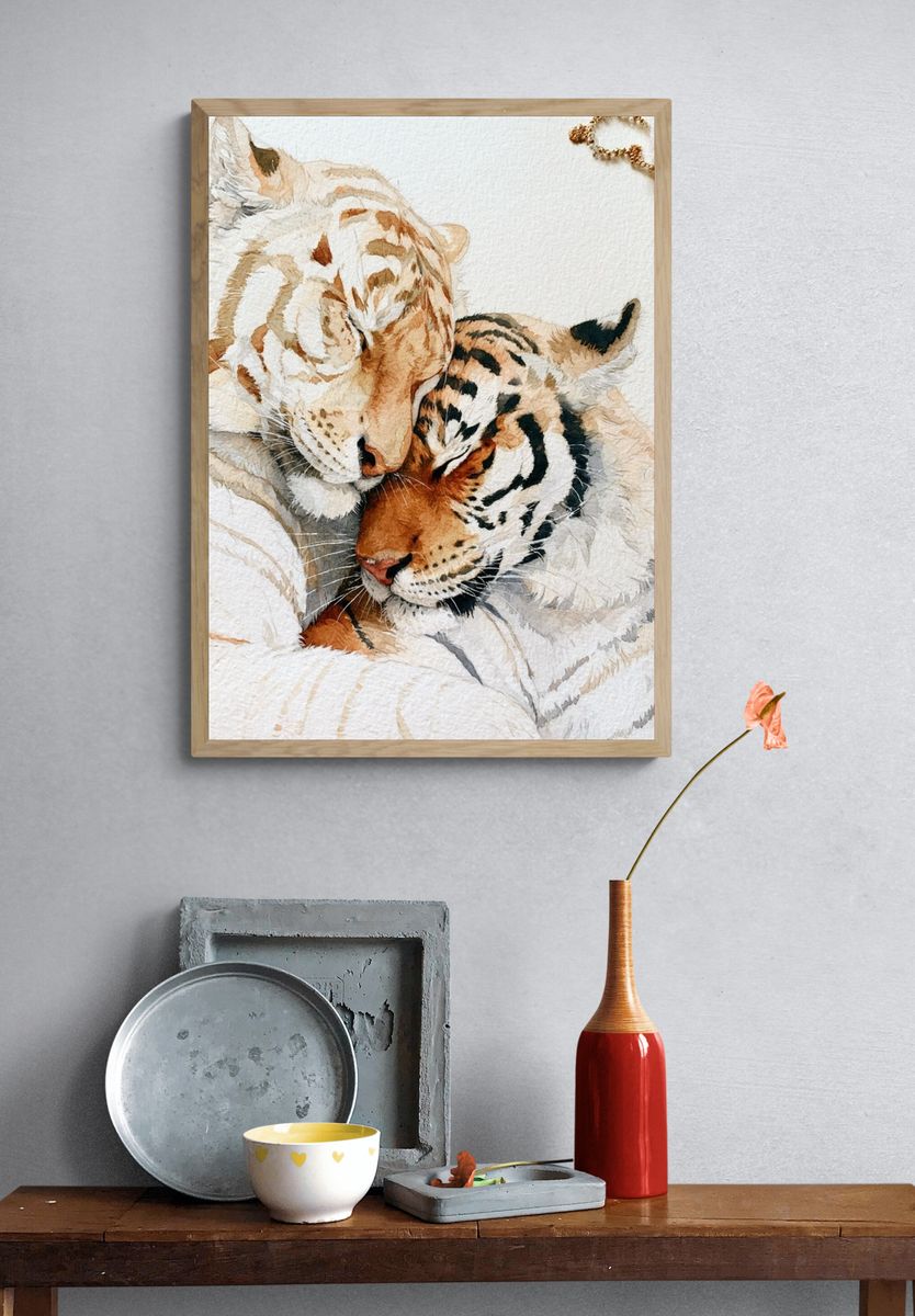 Tiger and White Lion Watercolor Print. — room view 3