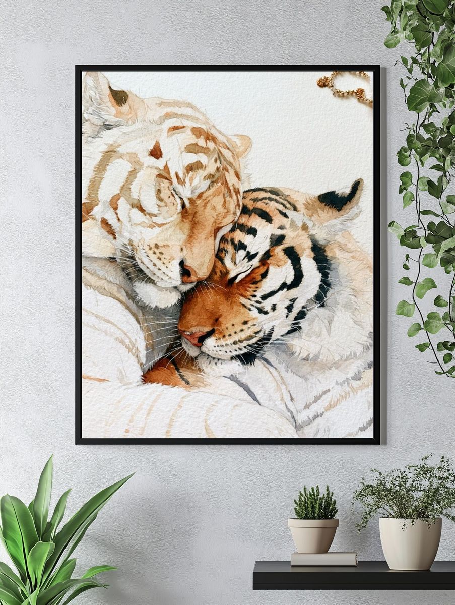 Tiger and White Lion Watercolor Print. — room view 4