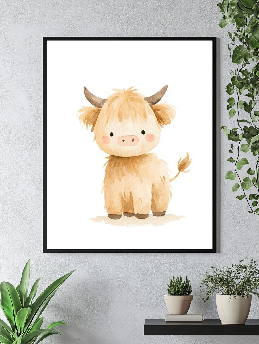 Cute Highland Cow Watercolor Poster. — room view 4