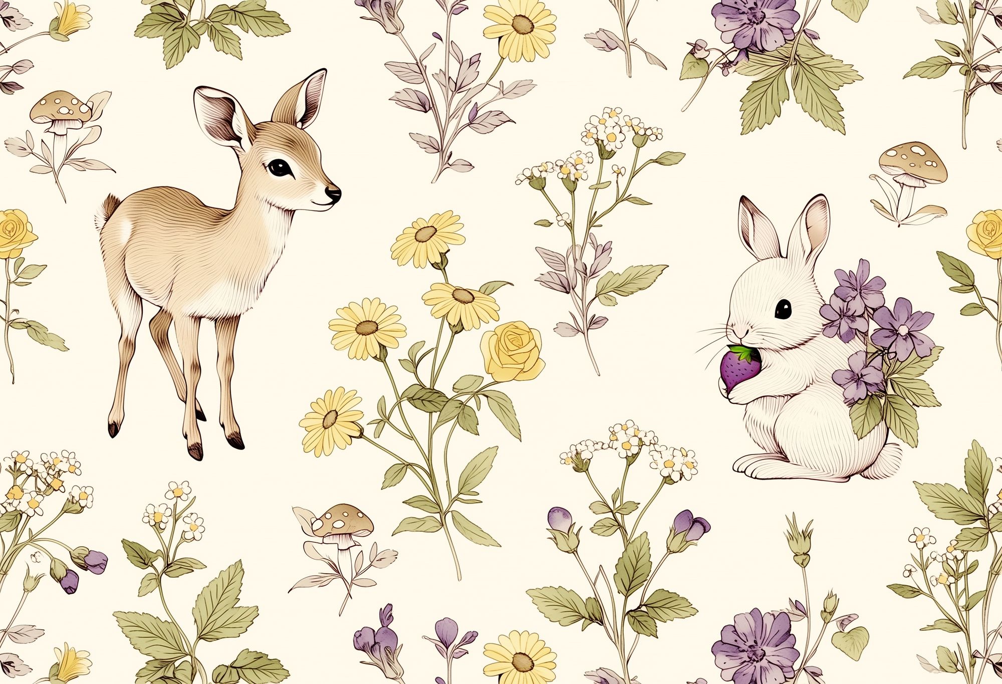 Bunny and Deer Botanical Print. poster — animals art