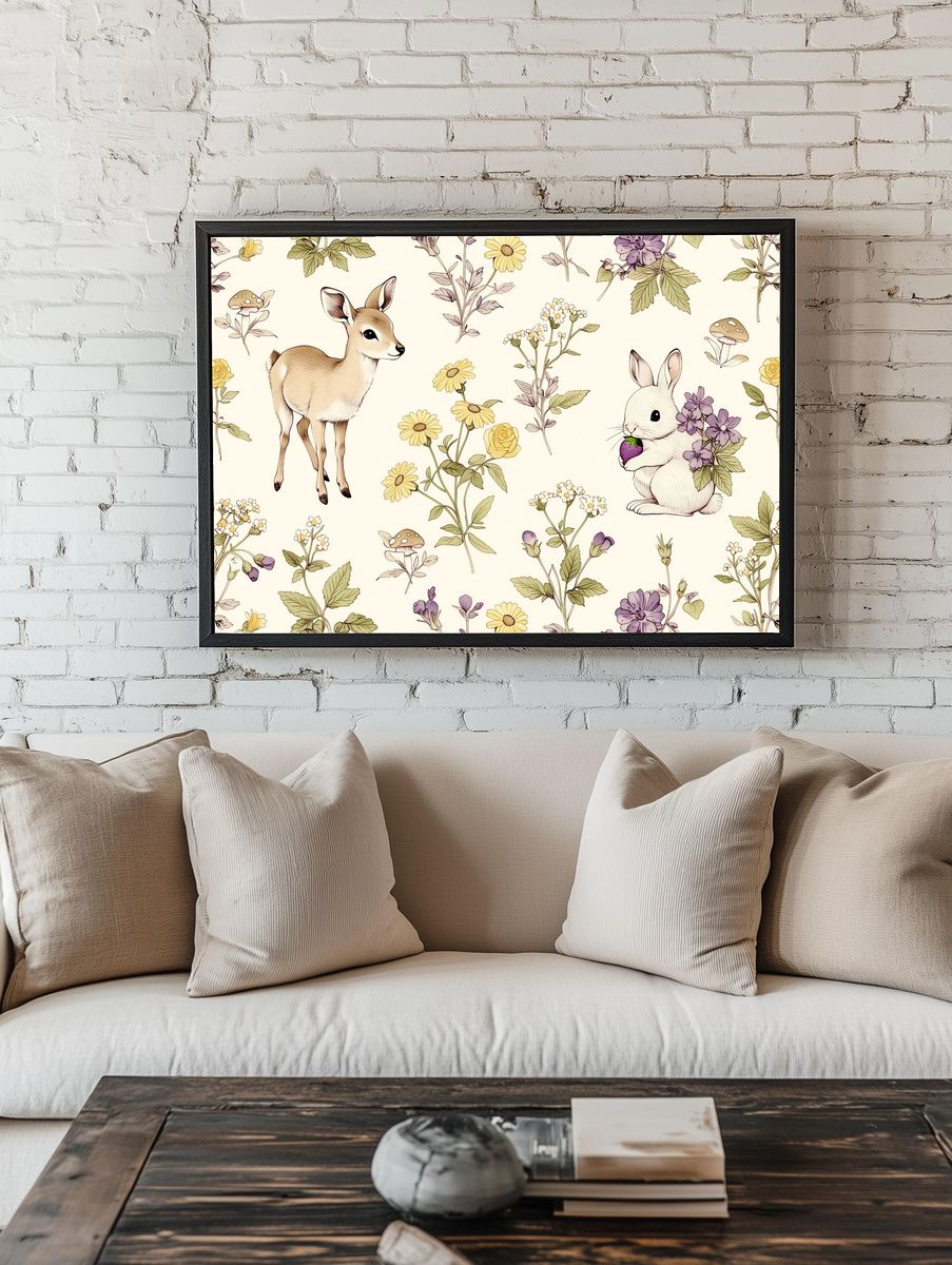 Bunny and Deer Botanical Print. — room view 1