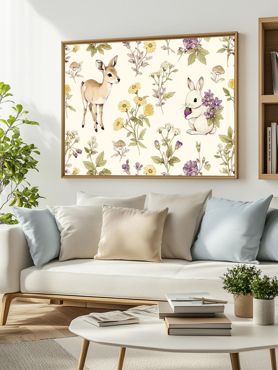 Bunny and Deer Botanical Print. — room view 2