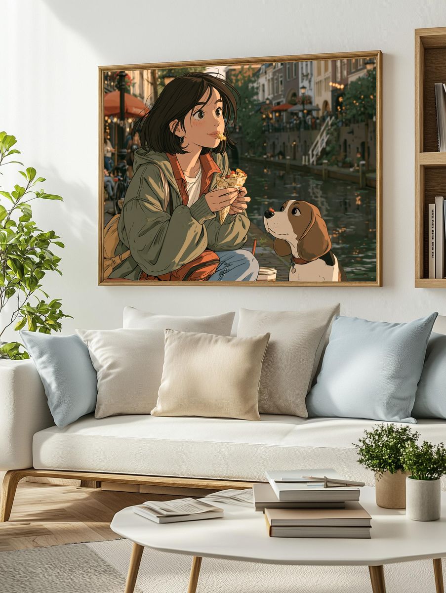 Canal Picnic Anime Illustration Poster. — room view 2