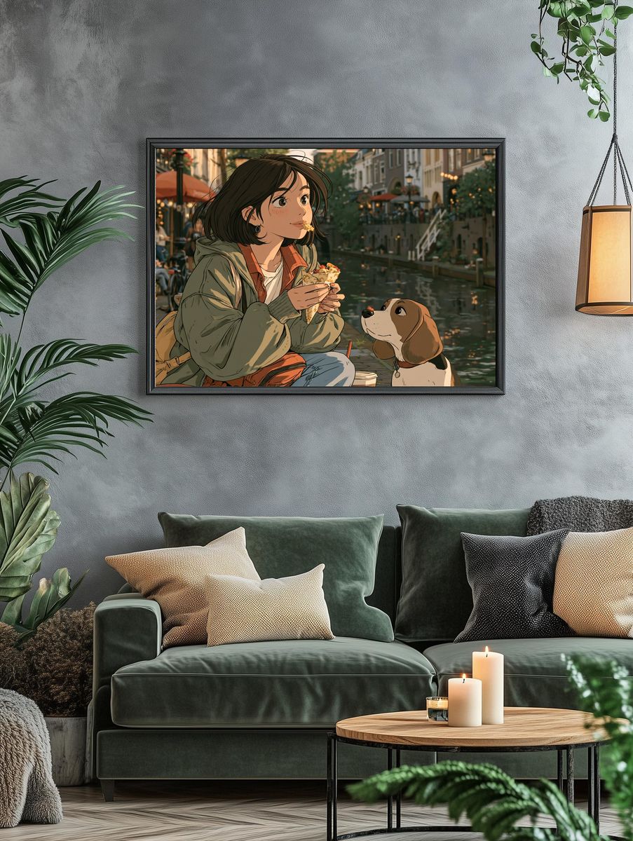 Canal Picnic Anime Illustration Poster. — room view 4