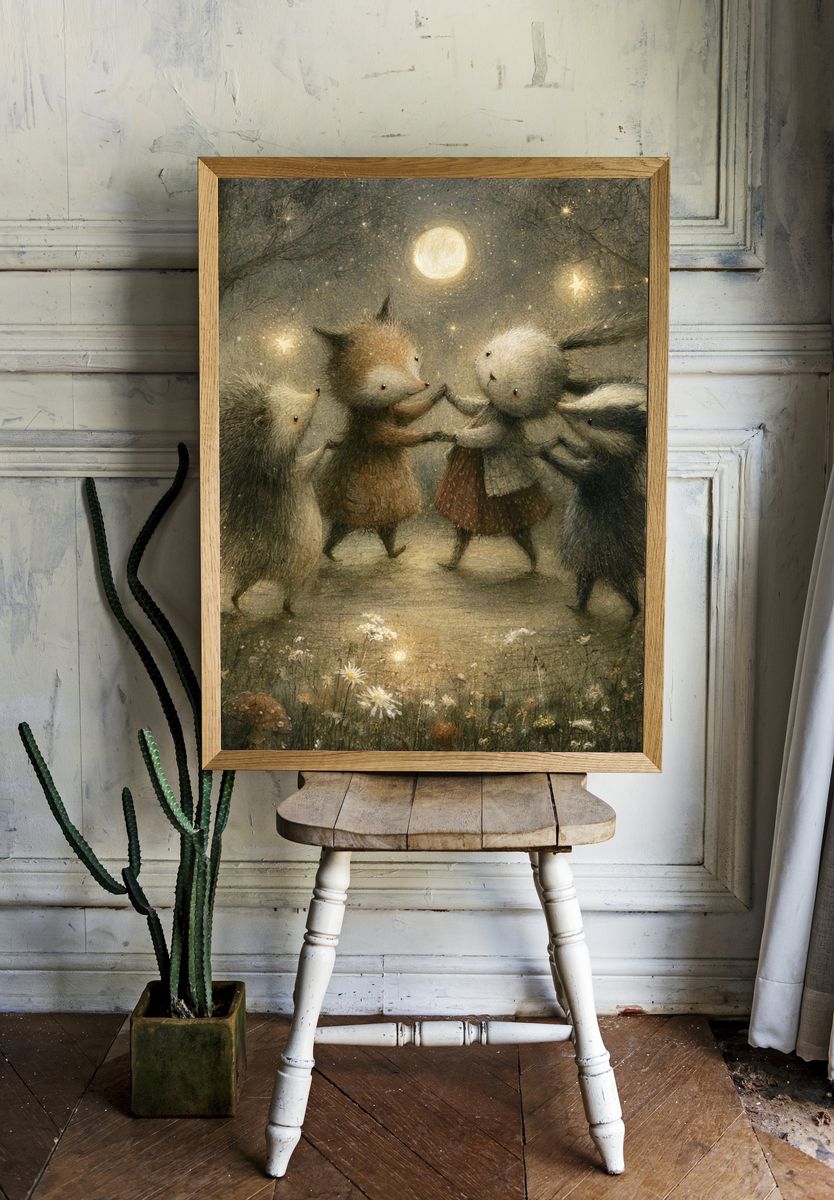 Moonlit Forest Animals Illustration Poster. — room view 1