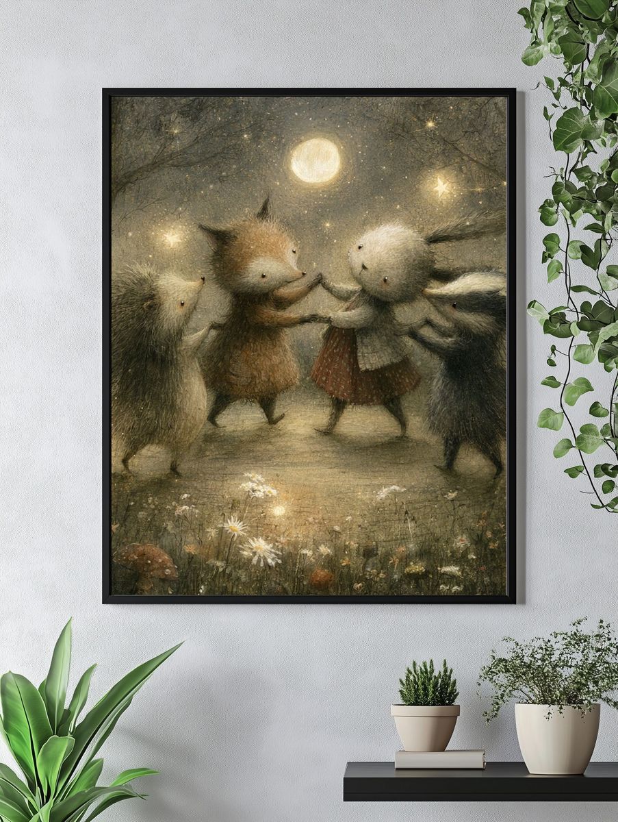 Moonlit Forest Animals Illustration Poster. — room view 4