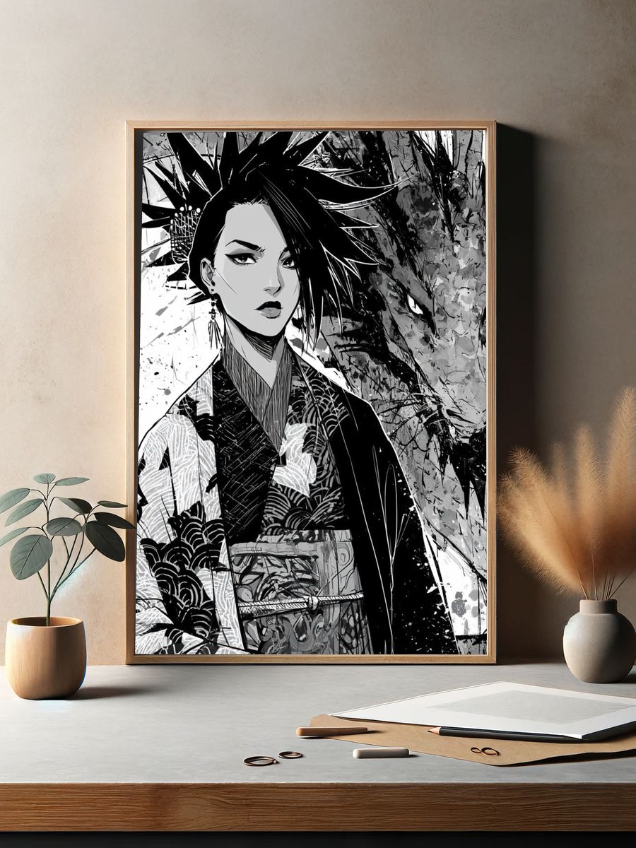 Geisha Dragon Ink Poster. — room view 2