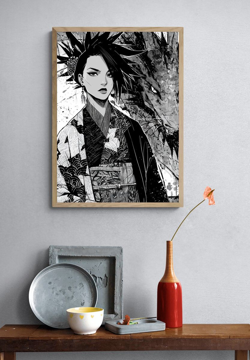 Geisha Dragon Ink Poster. — room view 3