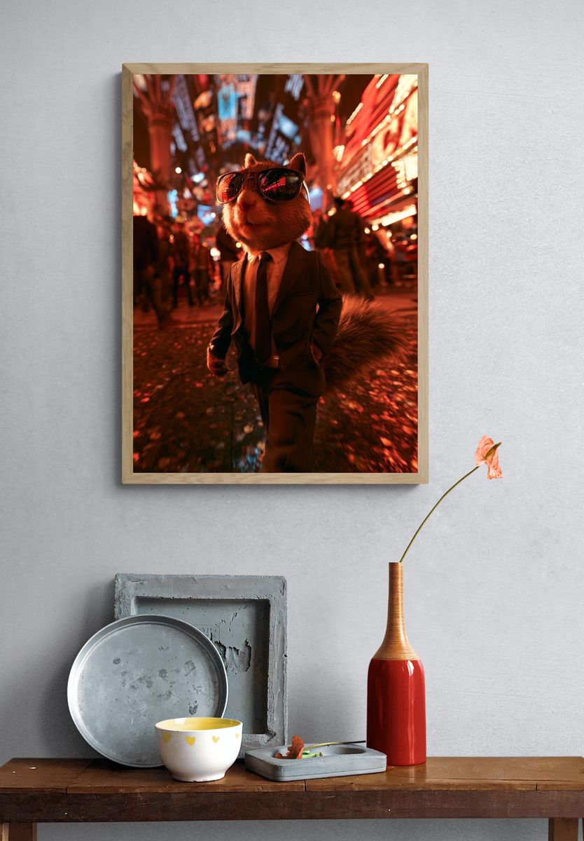 Sunglasses Squirrel Neon Street Poster. — room view 3