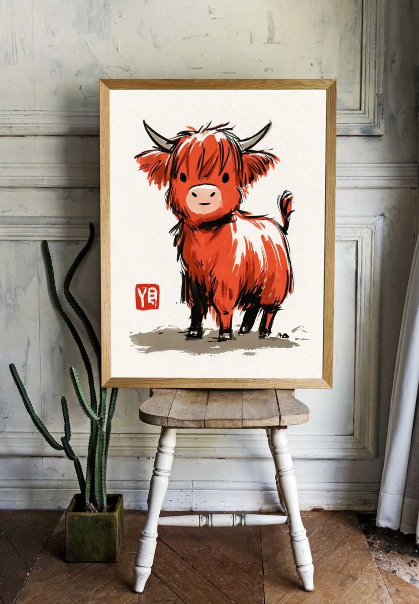 Cute Highland Cow Watercolor Poster. — room view 1