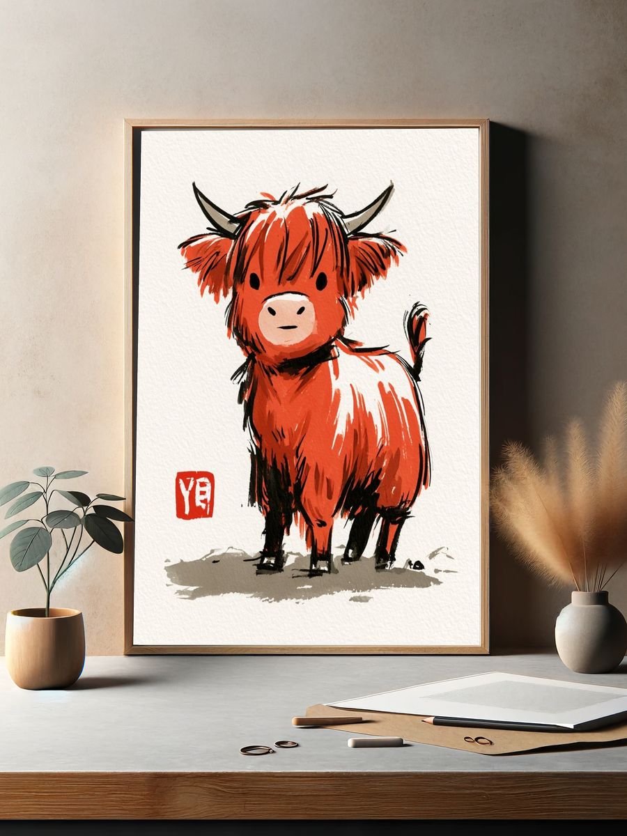Cute Highland Cow Watercolor Poster. — room view 2