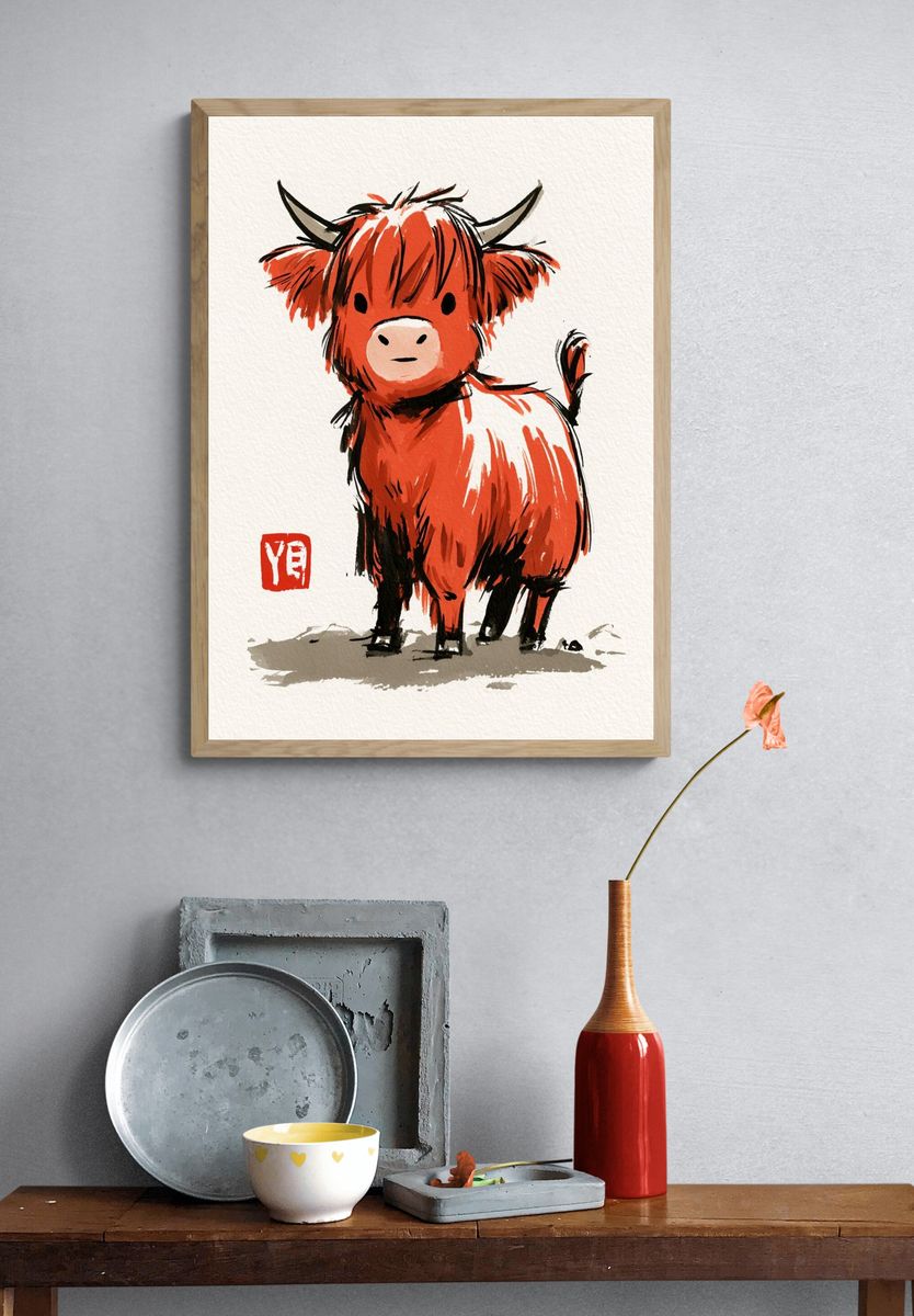 Cute Highland Cow Watercolor Poster. — room view 3