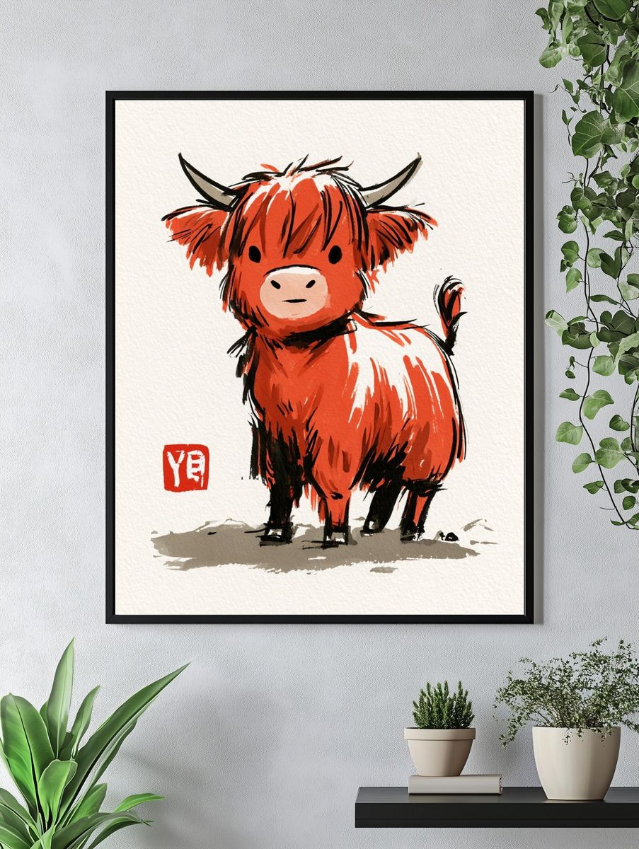 Cute Highland Cow Watercolor Poster. — room view 4