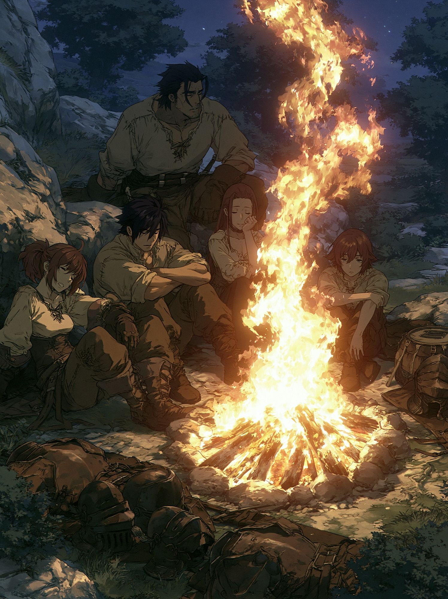 Campfire Night Scene Anime Poster. poster — anime art