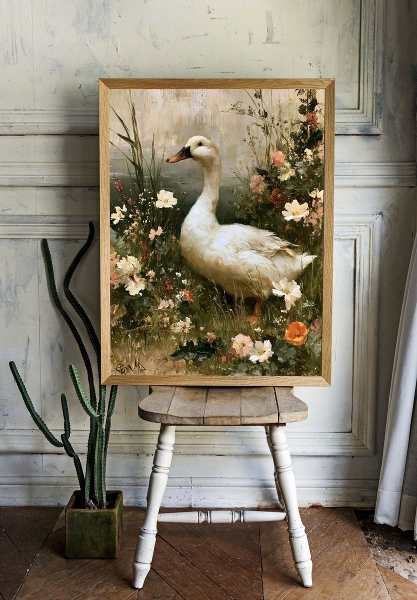 White Goose in Wildflowers Print. — room view 1