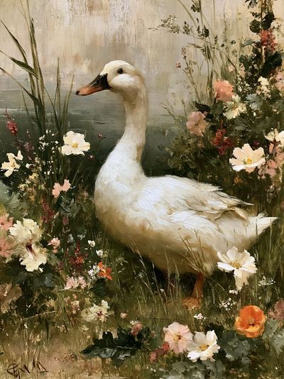 White Goose in Wildflowers Print. poster