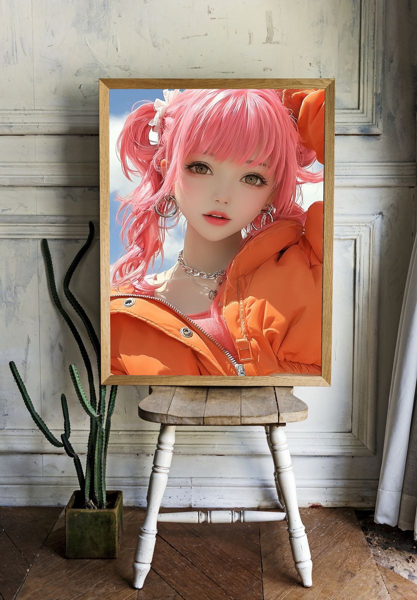 Pink-Haired Anime Portrait Print. room preview