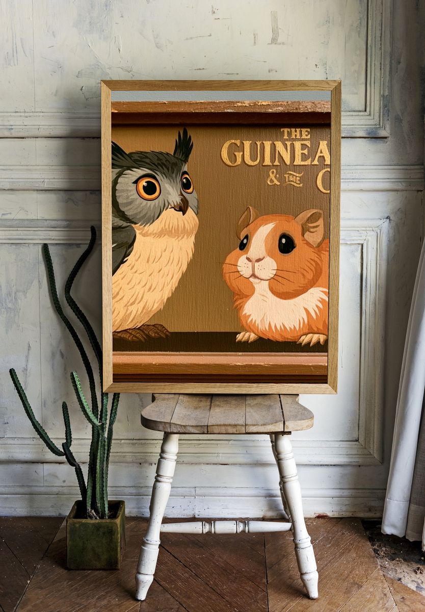 Guinea Pig and Owl Illustration Poster. — room view 1