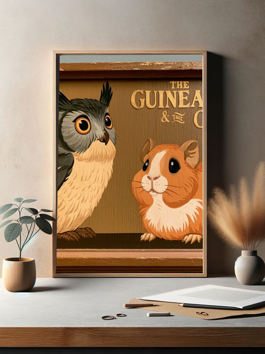 Guinea Pig and Owl Illustration Poster. — room view 2