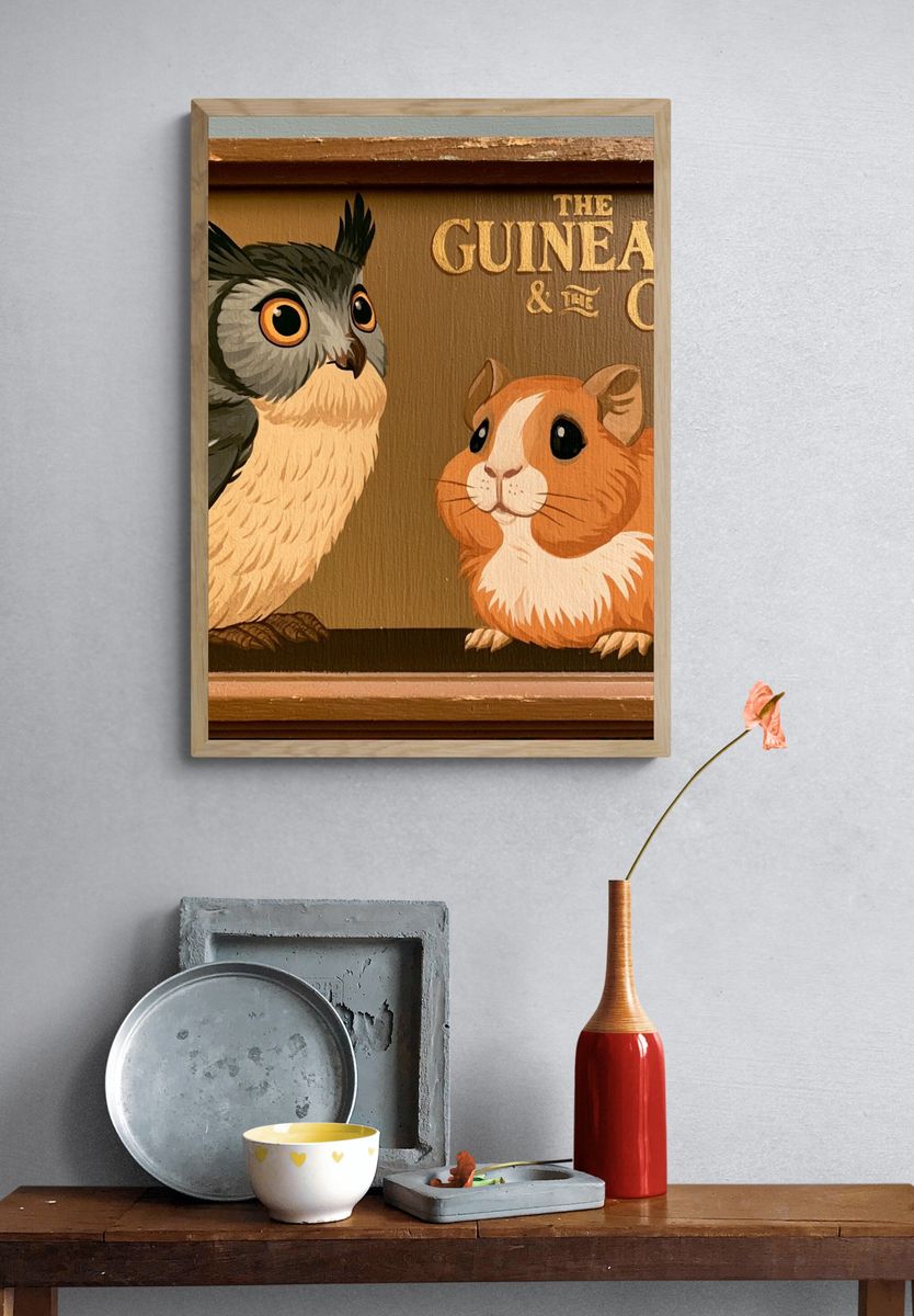 Guinea Pig and Owl Illustration Poster. — room view 3