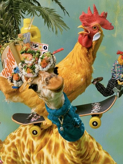 Surreal Chicken Skateboard Print. poster
