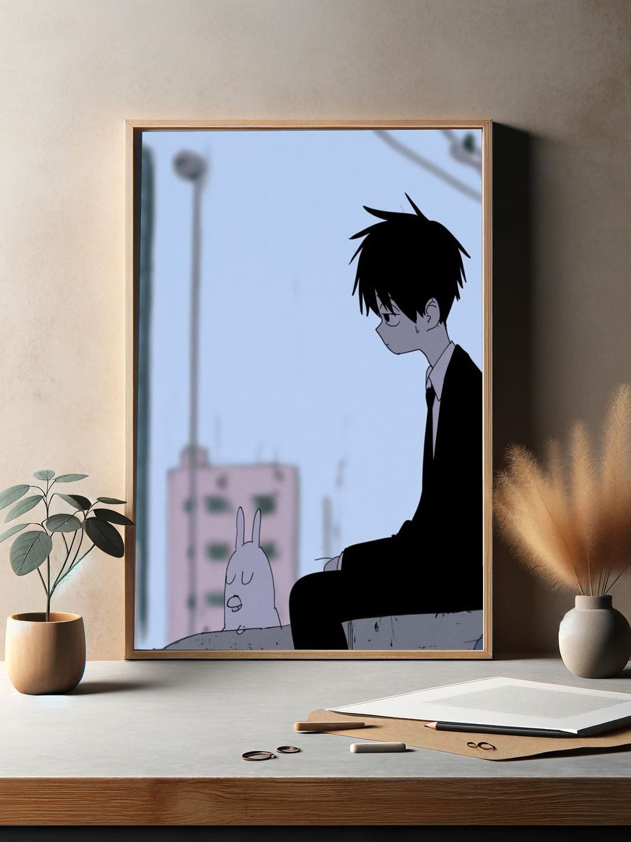 Anime Boy and Rabbit Cityscape Print. — room view 2