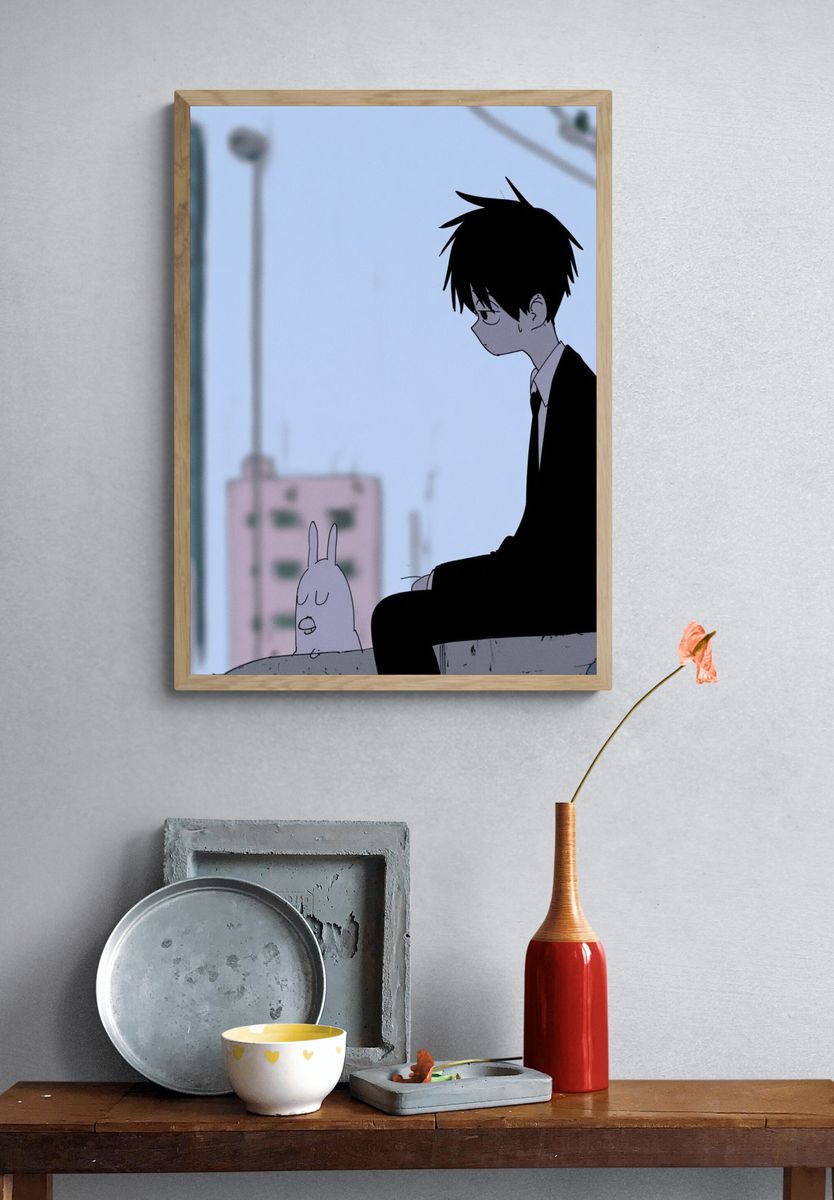 Anime Boy and Rabbit Cityscape Print. — room view 3
