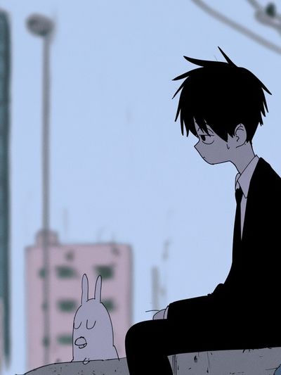 Anime Boy and Rabbit Cityscape Print. poster