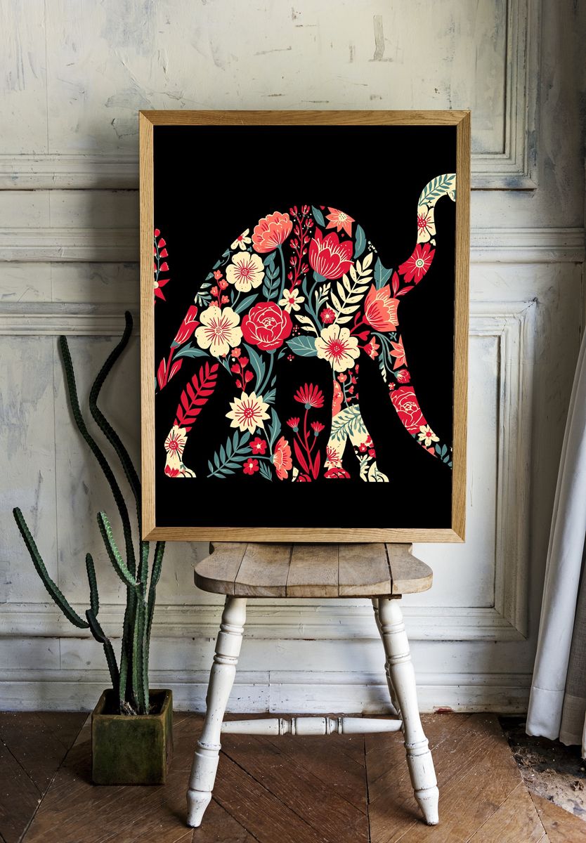Floral Elephant Illustration Poster. — room view 1