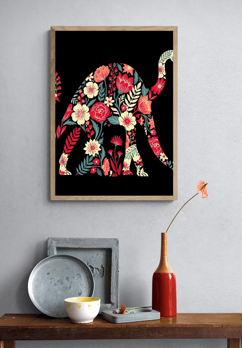 Floral Elephant Illustration Poster. — room view 3