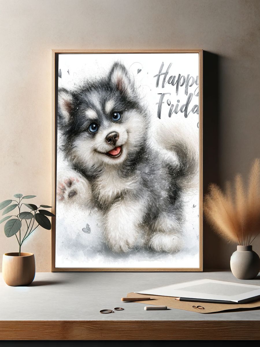 Happy Friday Husky Puppy Print. — room view 2