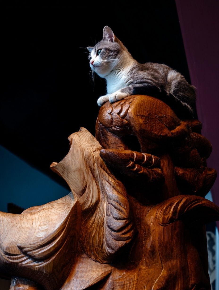 Cat on Carved Wood Photography Poster. poster detail