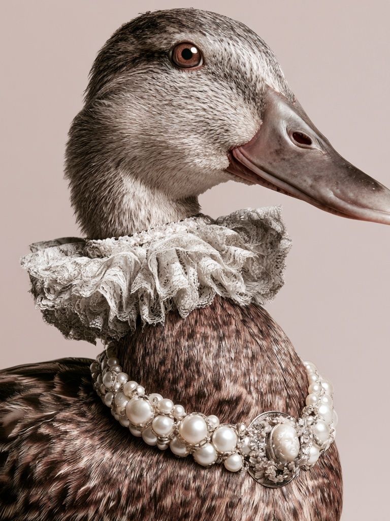 Pearl-Adorned Duck Portrait Print. poster detail