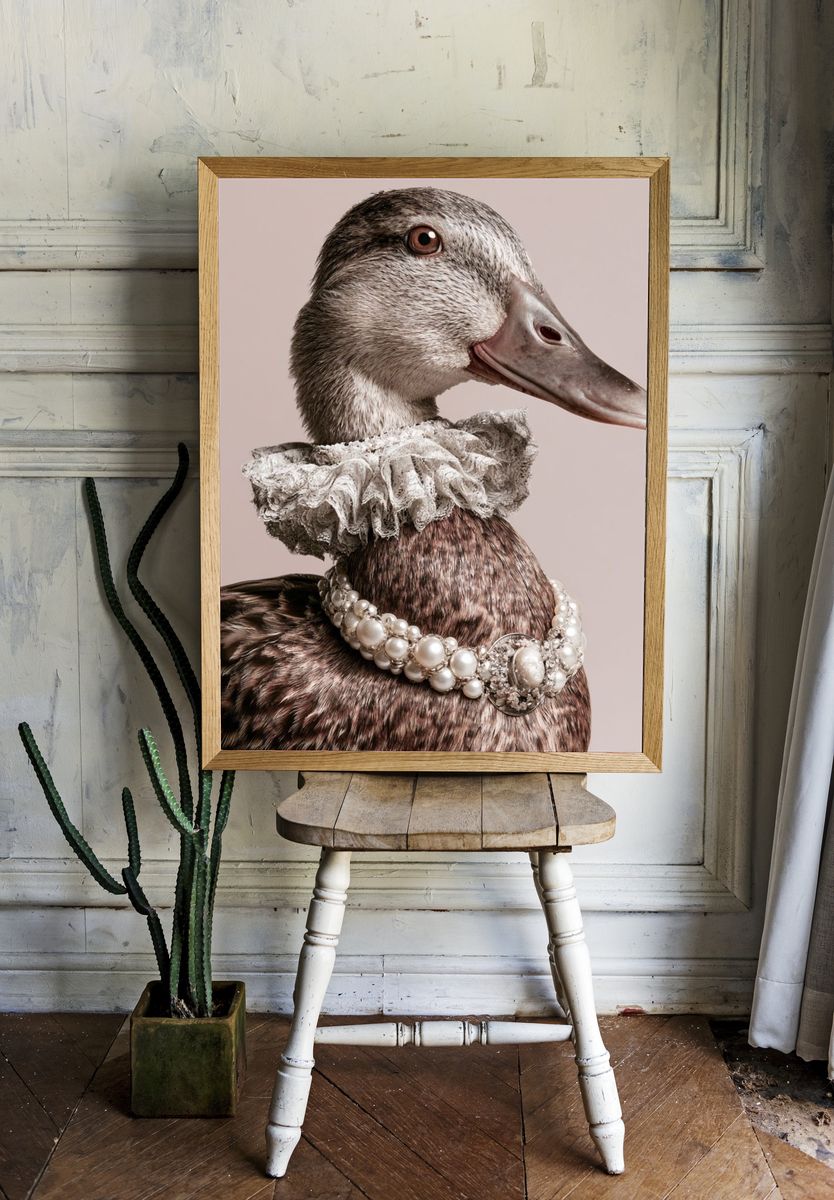 Pearl-Adorned Duck Portrait Print. — room view 1