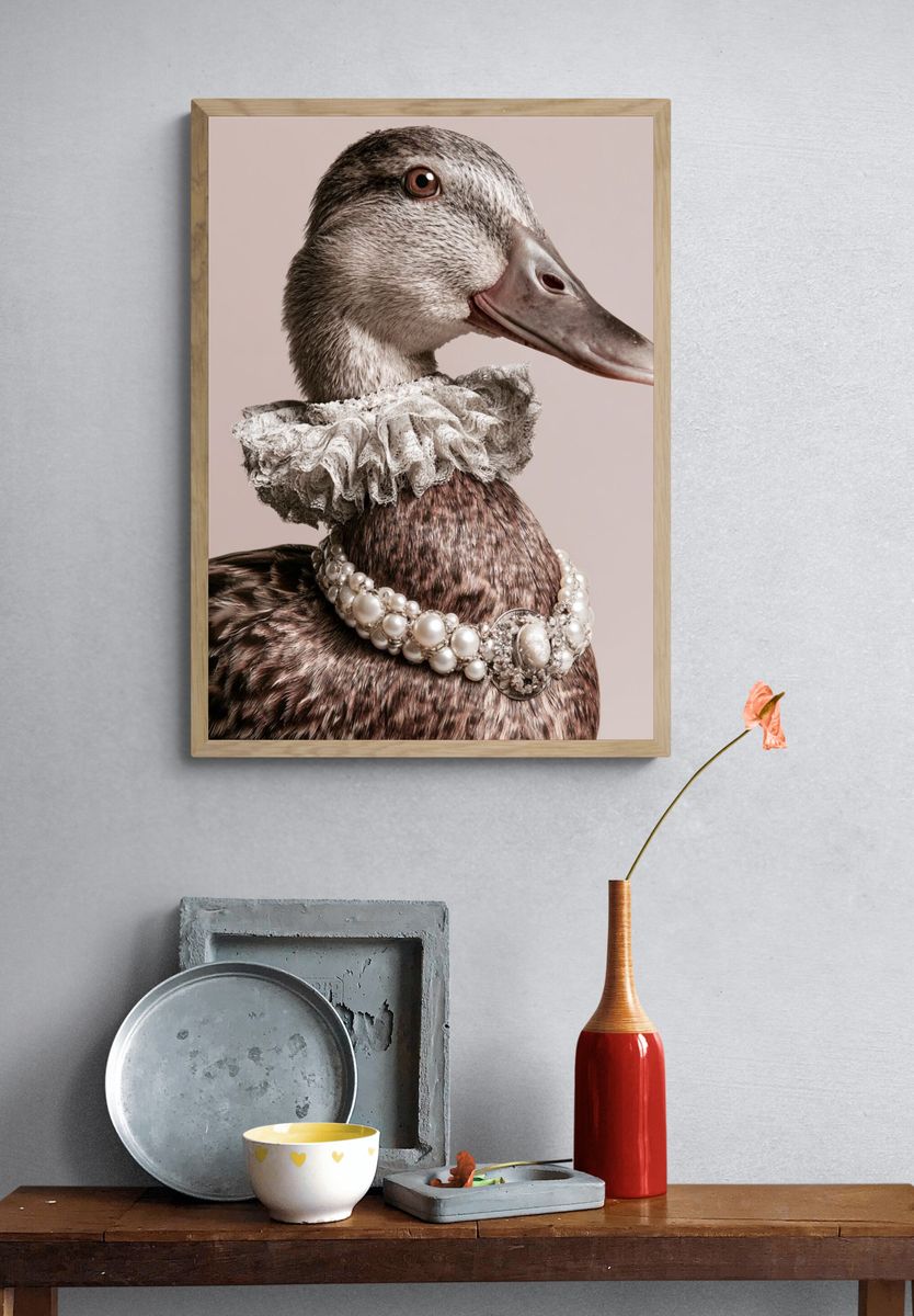 Pearl-Adorned Duck Portrait Print. — room view 3