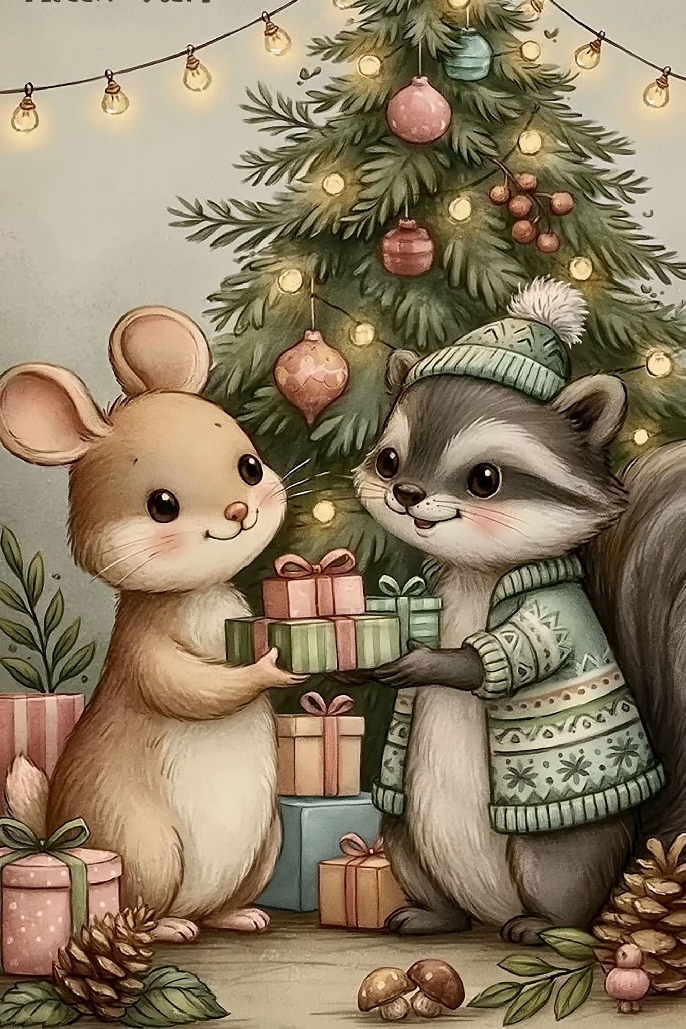 Christmas Mice Gift Tree Poster. poster — animals art