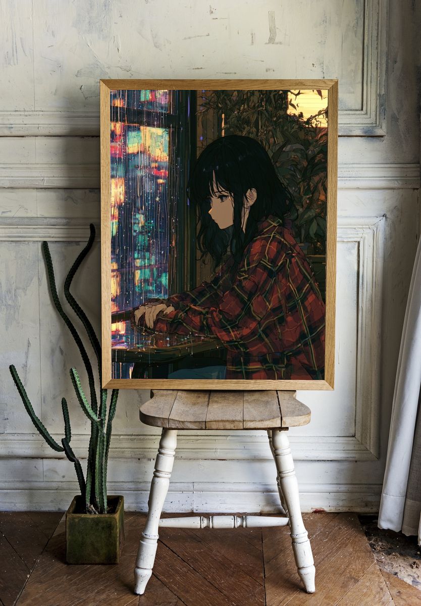 Rainy Window Girl Anime Print. — room view 1